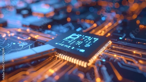 Futuristic microchip on a circuit board with glowing blue and orange traces symbolizing data flow and digital technology