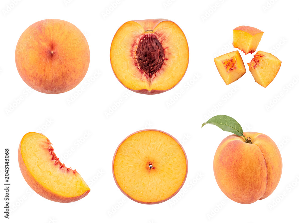 Naklejka premium Set of fresh ripe peaches, whole and in various cuts like halves, slices, and cubes, isolated on transparent background.