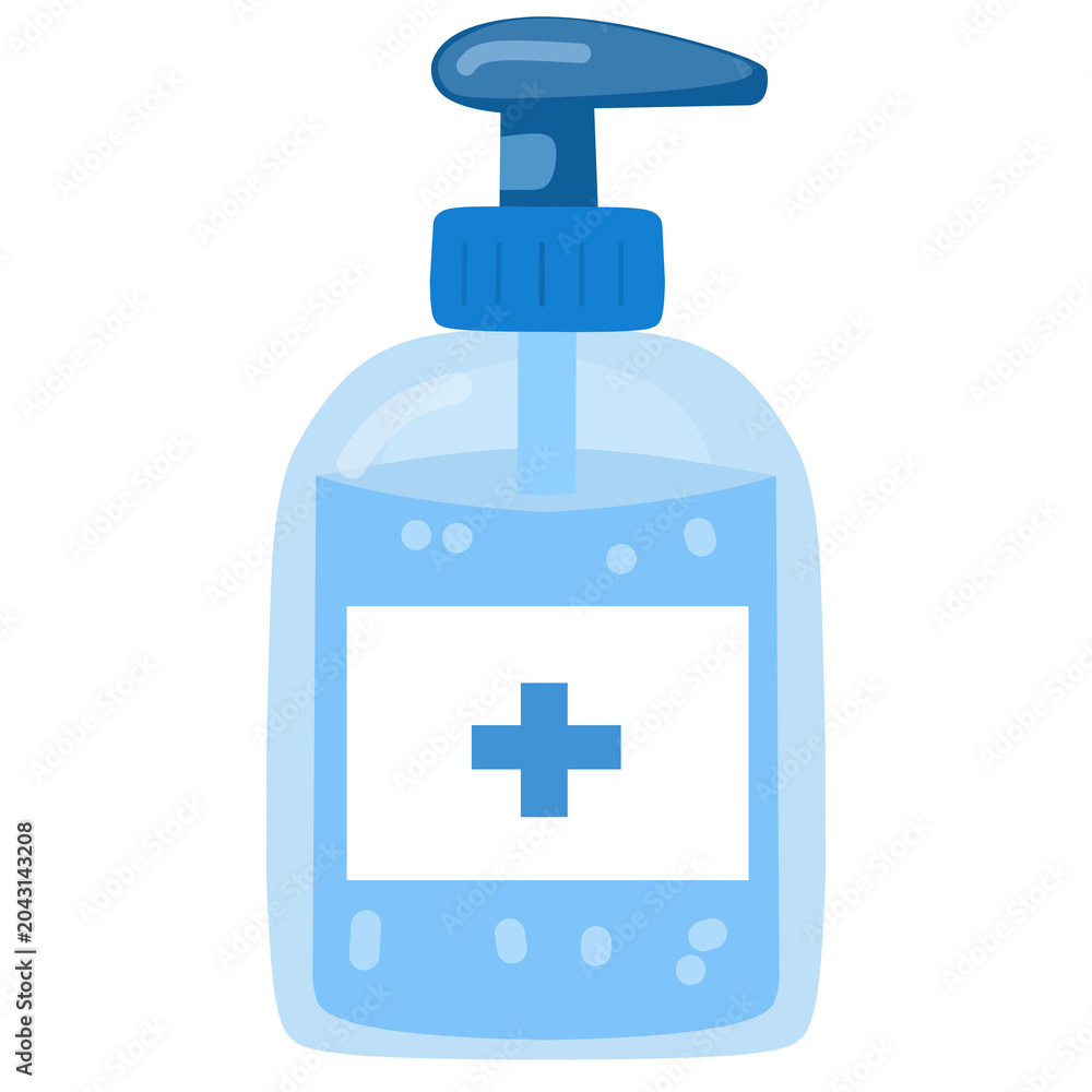 Fototapeta premium Minimalist illustration of a blue hand sanitizer bottle with a pump dispenser and a health cross icon, emphasizing essential personal hygiene, germ protection, and public health safety