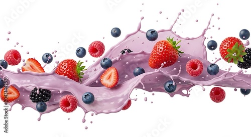 Dynamic Mixed Berry Smoothie Splash with Fresh Strawberries Blueberries and Raspberries in Pink Yogurt Wave Isolated on White Background