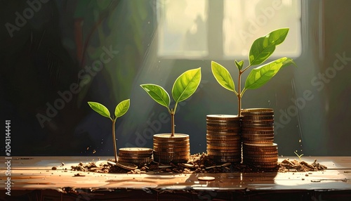 Four stacks of coins arranged ascending, each with vibrant green plant sprouting, sunlight softly illuminating background, symbolic representation of financial growth, investment, sustainability, nurt