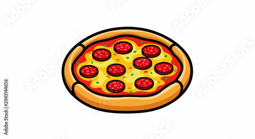 A cartoon of a whole pizza with pepperoni slices and green toppings