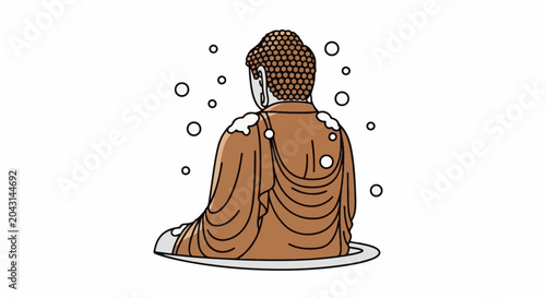 A cartoon of Buddha from behind, with snow falling