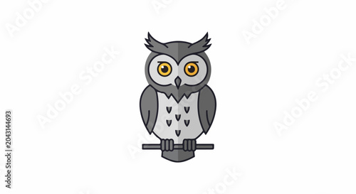 A cartoon owl with yellow eyes perched on a branch