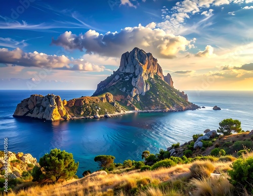 Serene island landscape with rocky shores.