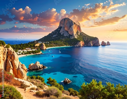 Serene ocean bay with rocky shoreline.