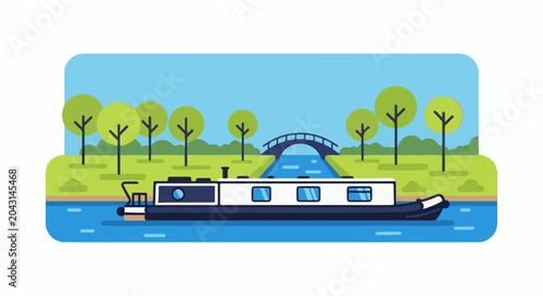 A narrowboat floats on a canal beside a park with trees and a bridge