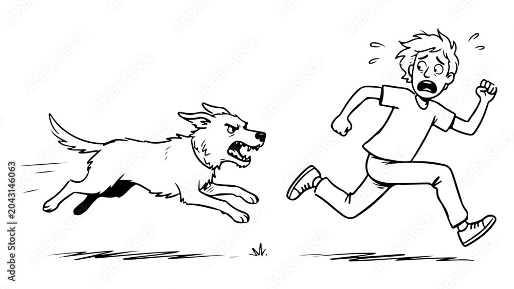 Fototapeta premium man running from aggressive dog chasing him in scared cartoon sketch, simple line art of a dog chasing a guy on white background