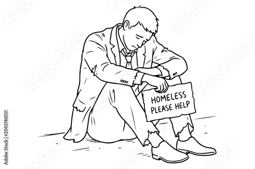 Obraz na plátne Businessman Homeless On Street Sitting With Cardboard Sign Reading 'Homeless Ple
