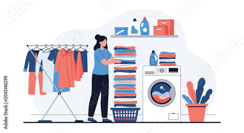 Busy woman sorting and folding clean laundry next to washing machine and drying rack in modern domestic laundry room interior.