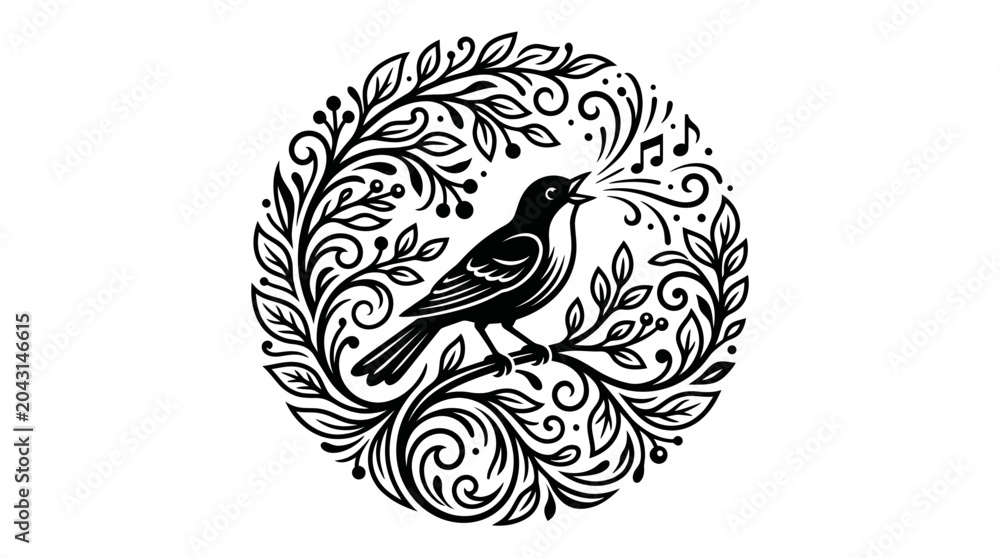 Obraz premium Singing Bird in Decorative Floral Circle Emblem