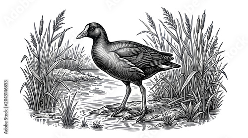 Tableau sur toile Black and white illustration of a coot bird standing in reeds by the water