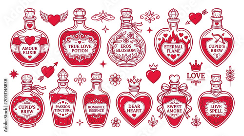 Bilde på lerret Love Potions and Romantic Symbols Collection - Valentine's Day Vector Illustrati