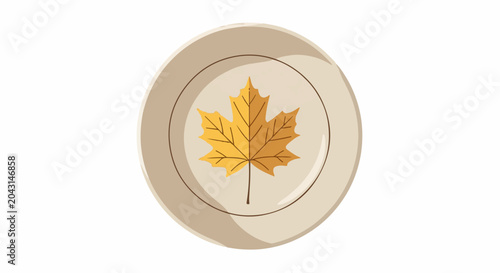 A light brown plate with a detailed, yellow maple leaf at its center