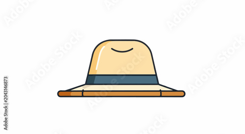 A light-colored fedora-style hat with a dark blue band