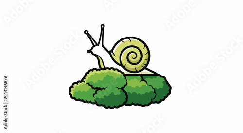 A light yellow cartoon snail with a swirling shell moves across green foliage
