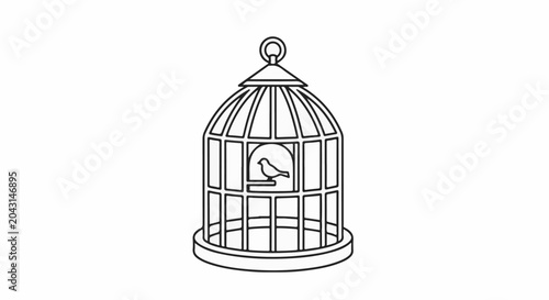 A line drawing of a small bird perched inside an ornate, domed cage