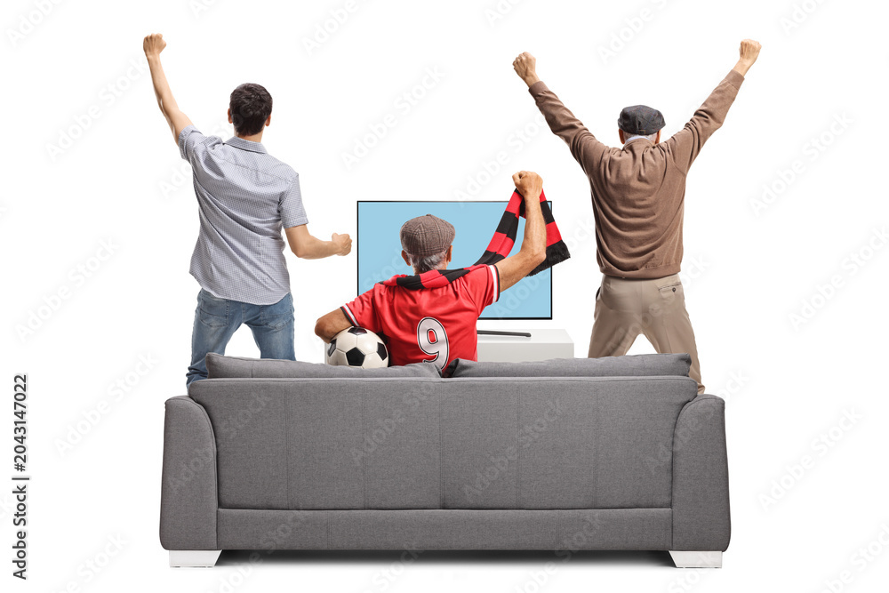 Obraz premium Rear view shot of a group of excited men watching football on tv and cheering