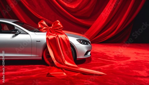 Silver car with large red ribbon and bow on hood, festive red fabric backdrop, symbolizing gift, celebration, and prize in modern ceremonial presentation.