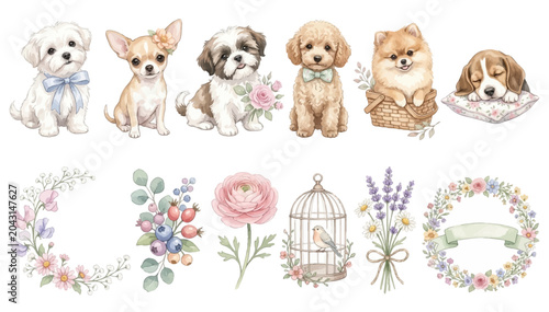 Tablou pe pânză Cute watercolor dog collection with floral decorations, adorable puppies and delicate pastel accents