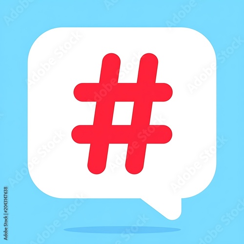 Red hashtag symbol in speech bubble.