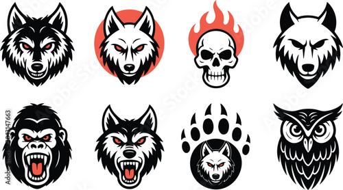 Collection of powerful animal head logos including wolves, gorilla, owl, and a flaming skull design