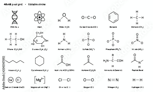 Tableau sur toile Organic and inorganic molecular structures arranged in a grid with scientific la