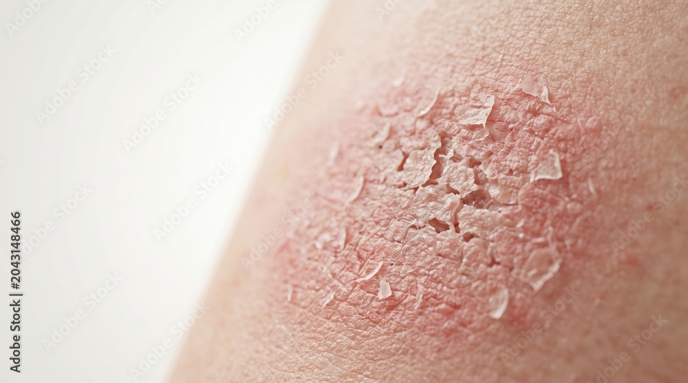 Fototapeta premium Dry skin flaky skin skin barrier damage irritated skin red rash closeup skin dermatology concept sensitive skin skin texture skin problem Dry skin closeup with flaky skin barrier damage