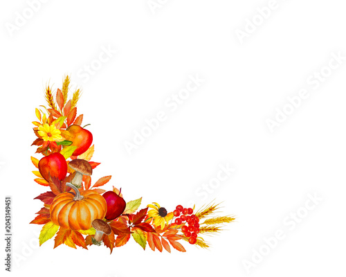 Watercolor autumn border corner frame with set pumpkins and apples