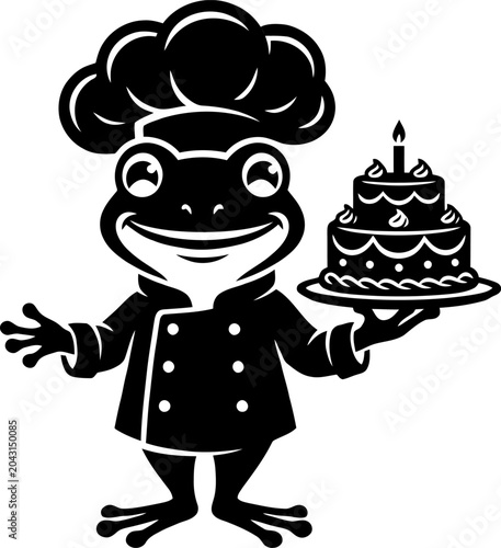 Chef Frog Cake Mascot, Cute Chef Frog Holding Birthday Cake Cartoon Mascot Vector, Cute Chef Frog Holding Birthday Cake Cartoon Mascot Vector Illustration