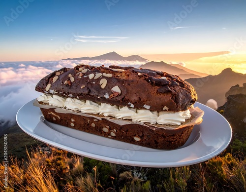Chocolate ice cream sandwich on mountain.