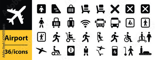 Airport icons set with various symbols and signs