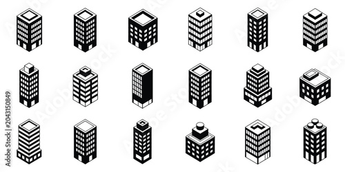 Collection of black and white building icons set