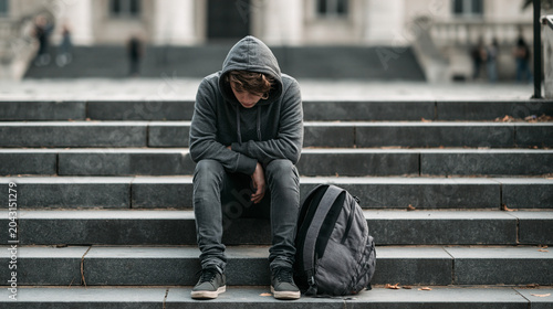 Teenager sitting alone with head down on outdoor steps, representing sadness, loneliness, depression, mental health challenges, stress, and emotional wellbeing