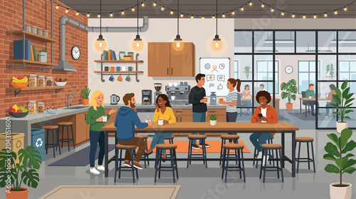 This flat design illustration depicts a modern industrial-themed kitchen and break area where startup employees relax and socialize. It represents a casual, yet stylish, communal space