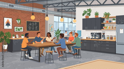 This flat design illustration depicts a modern industrial-themed kitchen and break area where startup employees relax and socialize. It represents a casual, yet stylish, communal space