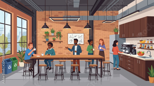 This flat design illustration depicts a modern industrial-themed kitchen and break area where startup employees relax and socialize. It represents a casual, yet stylish, communal space