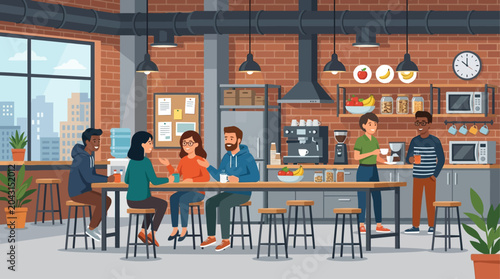 This flat design illustration depicts a modern industrial-themed kitchen and break area where startup employees relax and socialize. It represents a casual, yet stylish, communal space