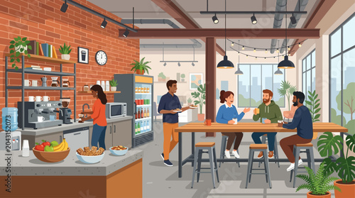 This flat design illustration depicts a modern industrial-themed kitchen and break area where startup employees relax and socialize. It represents a casual, yet stylish, communal space