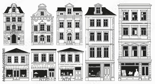 A collection of diverse historical buildings with varied architectural styles