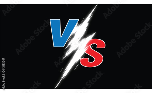 Versus battle screen with blue and red letters separated by white lightning flash on black background for gaming competition posters and sports match announcements with dynamic energy effect design.
