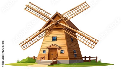 Traditional wooden windmill rural landscape scene.