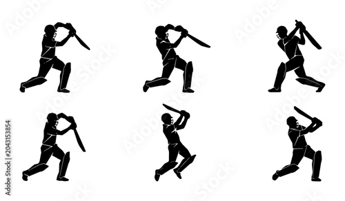 Bilde på lerret Cricket player silhouette batting action, dynamic poses, sports illustration Vec
