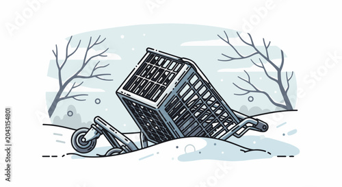 A lone shopping cart is buried in snow amidst bare trees and falling snowflakes