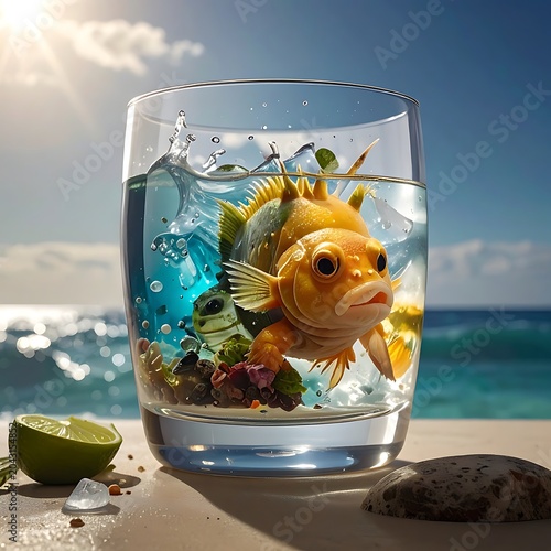 Fish in glass on beach with sea.