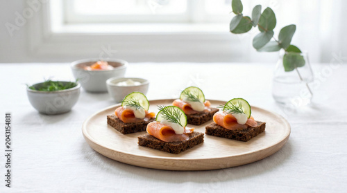 Obraz na płótnie Salmon appetizers served on rye bread.