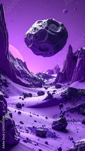 Purple planet with asteroid and landscape.