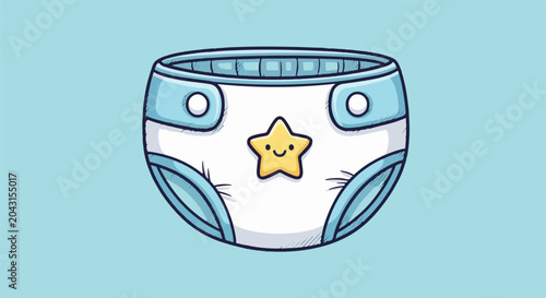 A blue and white cartoon diaper with a smiling yellow star