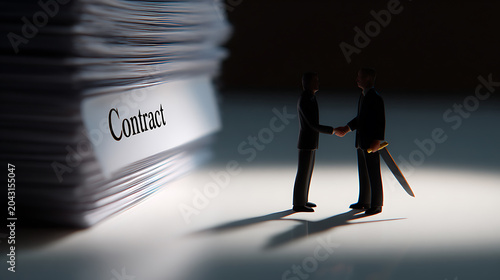 Business Deceit and Treachery: Miniature Figures Shake Hands with Hidden Dagger, Illustrating Fraudulent Contract Agreement and Distrust