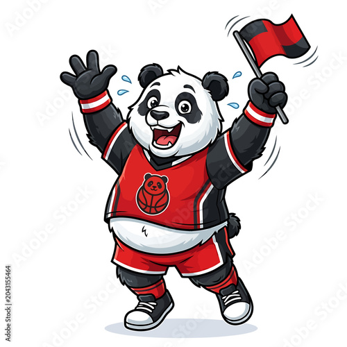 A panda enthusiastically cheers for the football world cup with a flag.